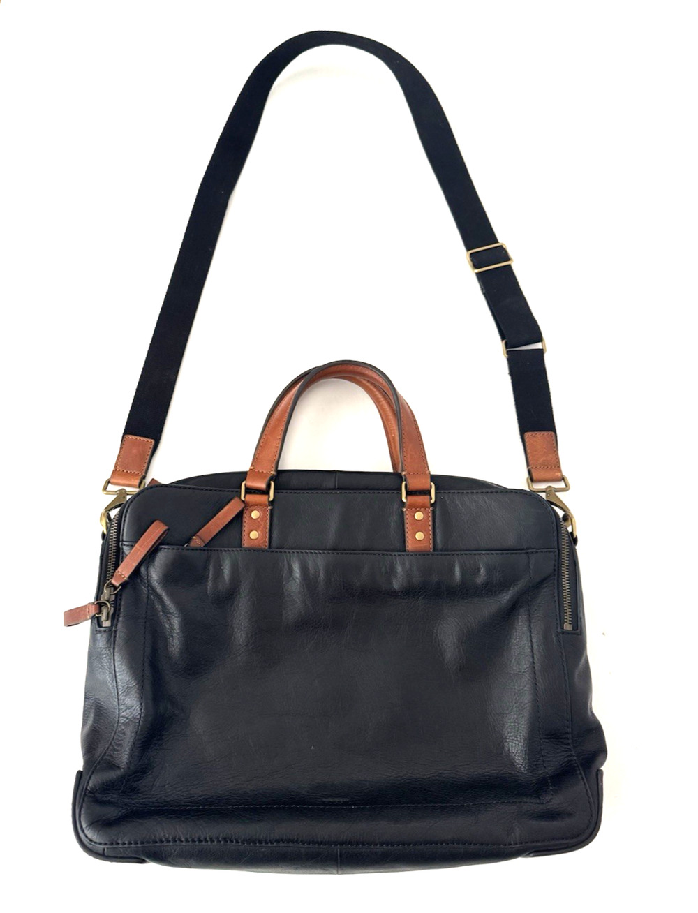 Fossil Defender Briefcase Black Leather Top Handles Crossbody Strap Double Zip